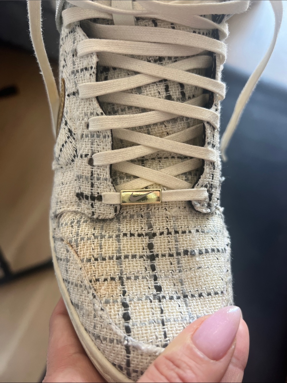 Nike Sky High Dunk- Women's White Tweed High-Top Sneakers with Gold Swoosh - Picture 6 of 6